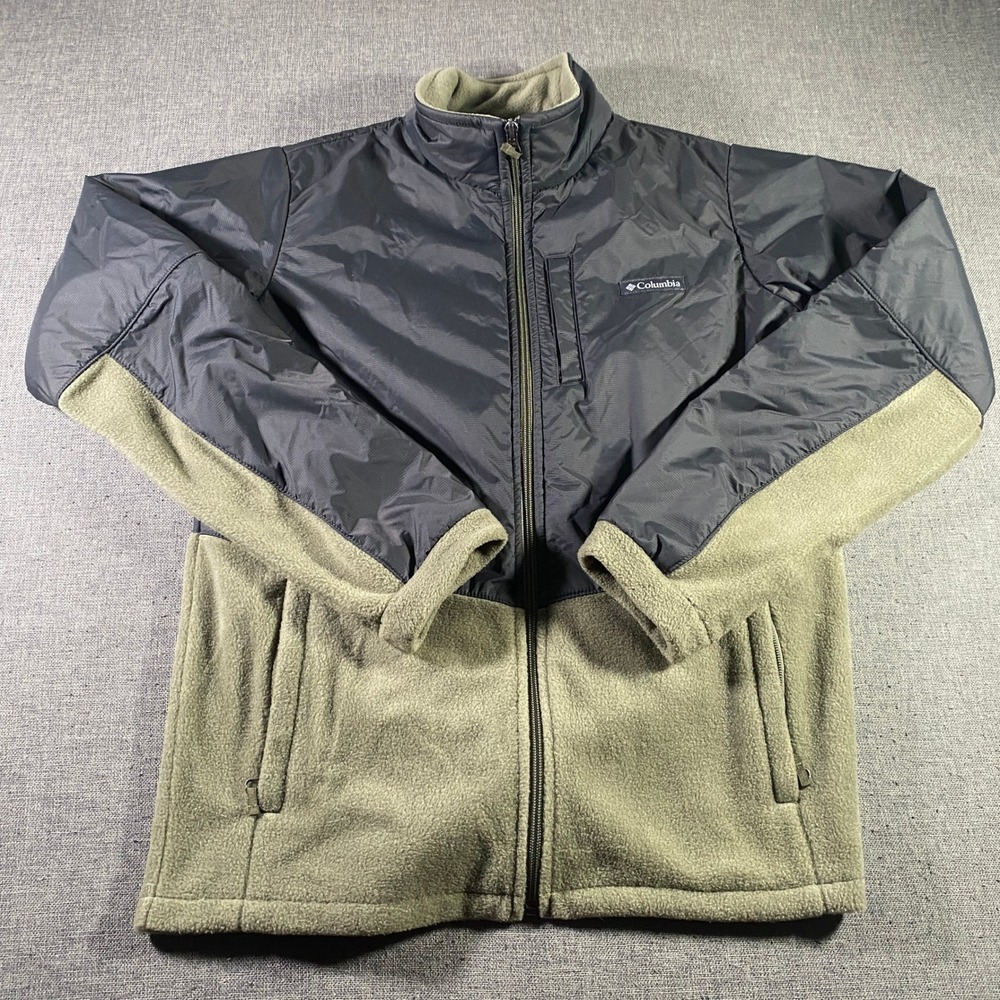 Columbia Kids Fleece Jacket Full Zip Nylon Trim XL Gray Olive Green Colorblock